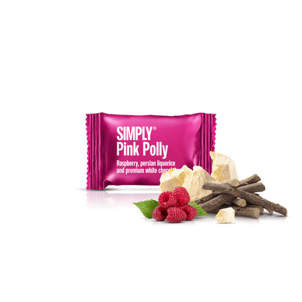 Pink Polly - 75 Stück Schachtel | Himbeeren, persische Lakritz und weiße Schokolade