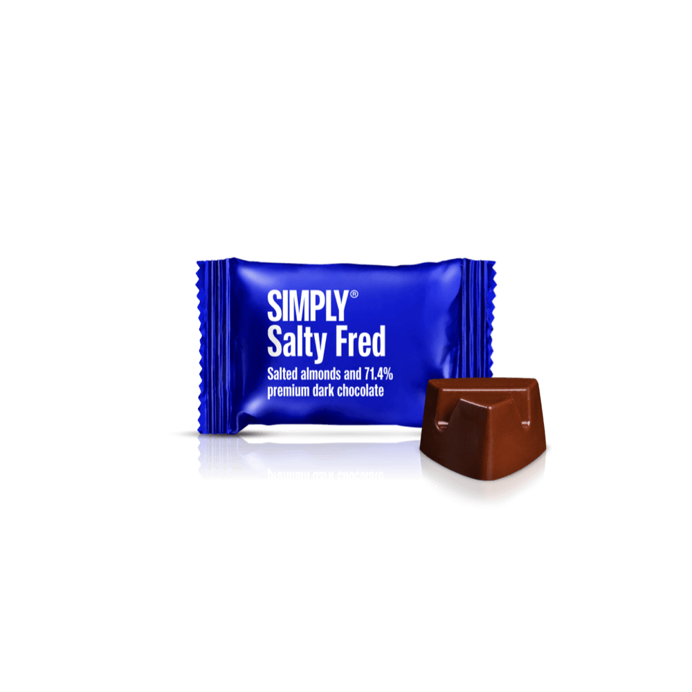 Salty Fred - 75 Stück Schachtel | Gesalzene, geröstete Mandeln in dunkler Schokolade