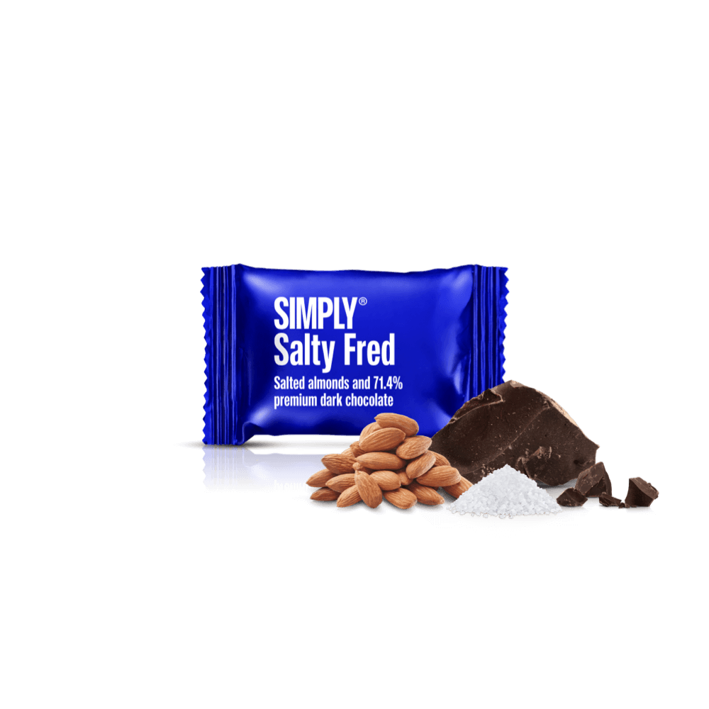 Salty Fred - Box with 75 pcs. bites | Salted, roasted almonds with premium dark chocolate