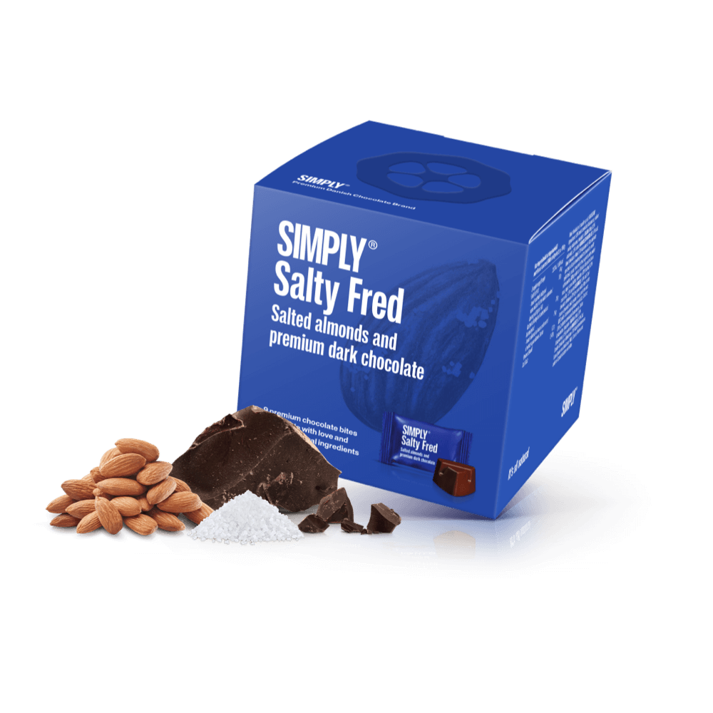 Simply® Salty Fred - Cube mit Bites | Gesalzene, geröstete Mandeln mit dunkler Schokolade